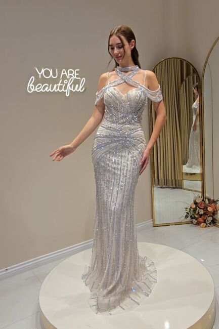 Ekru İp Askılı Tasma Detaylı İşlemeli Abiye Elbise 57 - ERENTÜL