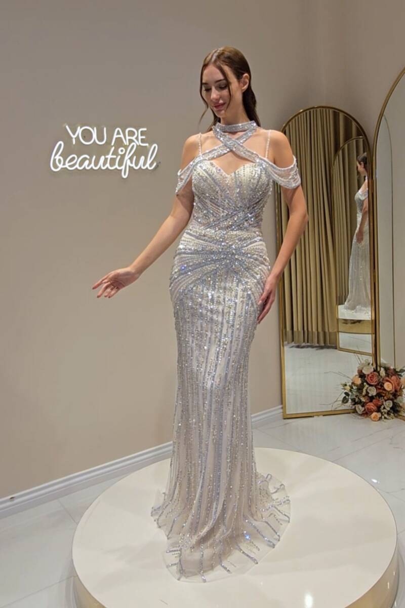 Ekru İp Askılı Tasma Detaylı İşlemeli Abiye Elbise 57 - 1