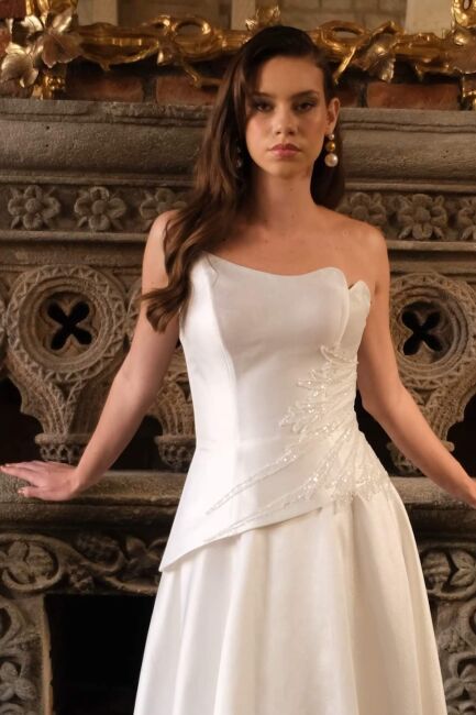 Ekru Korsajlı Bel İşlemeli Biritli Kloş Midi Abiye Elbise 98 - 2