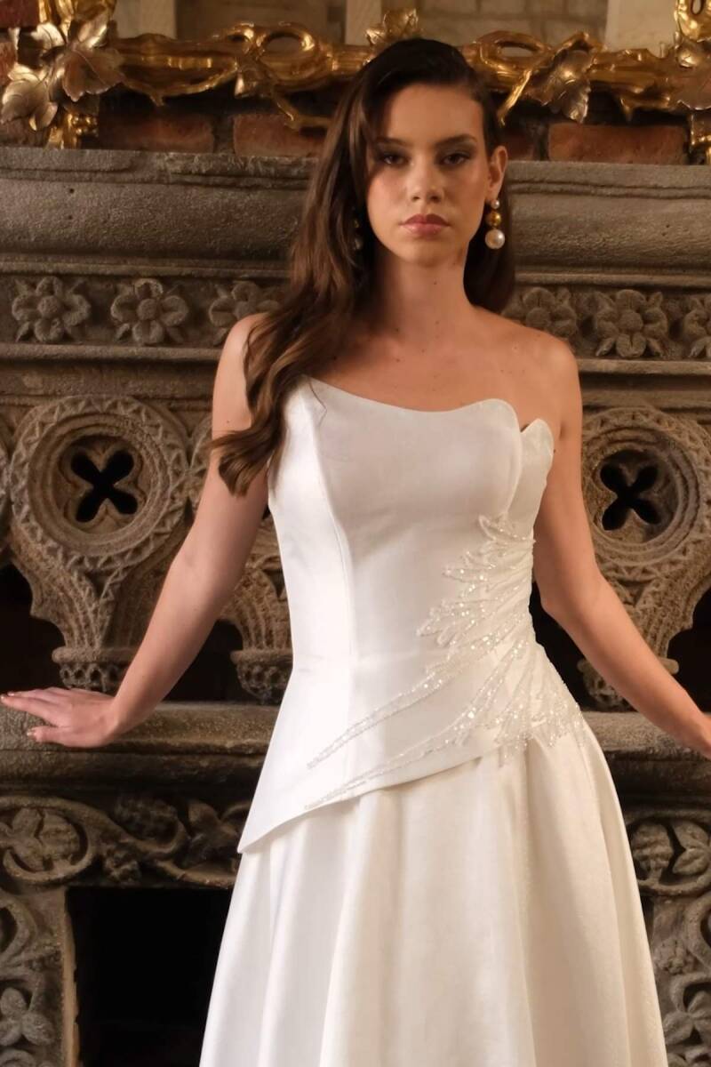 Ekru Korsajlı Bel İşlemeli Biritli Kloş Midi Abiye Elbise 98 - 2