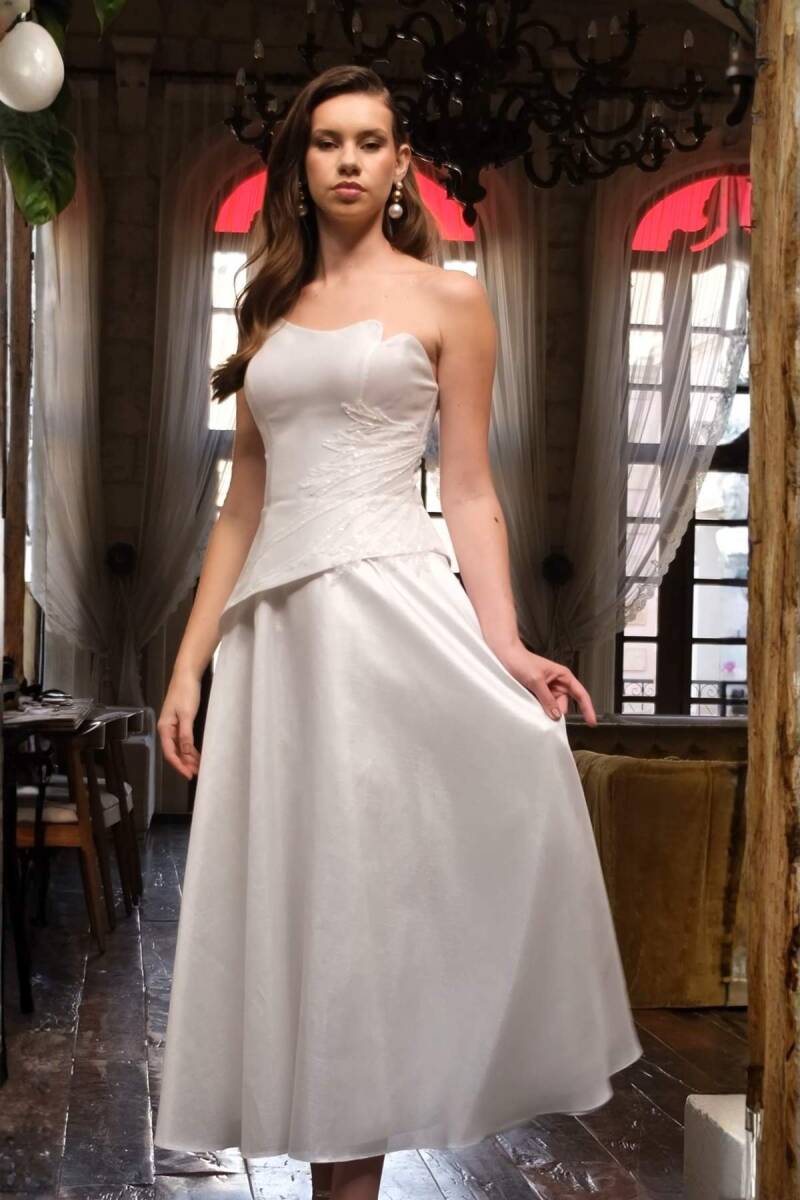 Ekru Korsajlı Bel İşlemeli Biritli Kloş Midi Abiye Elbise 98 - 3