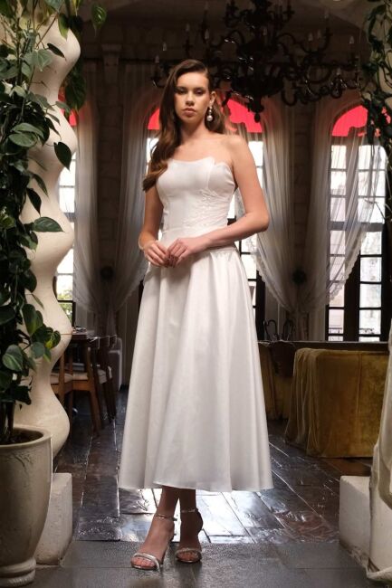 Ekru Korsajlı Bel İşlemeli Biritli Kloş Midi Abiye Elbise 98 - MOR SPOSA