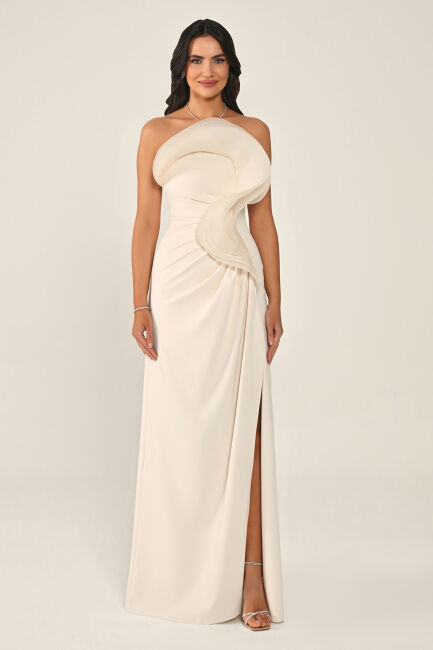 Ekru Straplez Asimetrik Fırfırlı Drapeli Yırtmaçlı Abiye Elbise 17 - ALFABETA