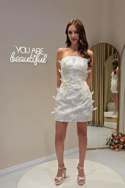 Ekru Straplez Çiçek Motifli Mini Abiye Elbise 01 - ALFABETA