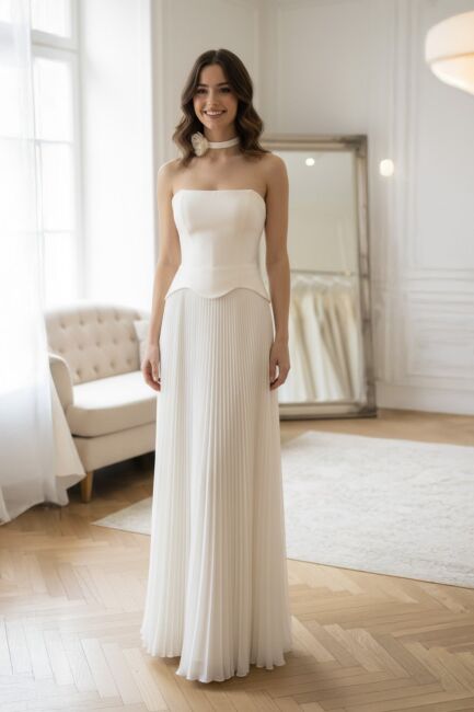 Ekru Straplez Eteği Plise Biritli Abiye Elbise 70 - MAXRA GOVANA