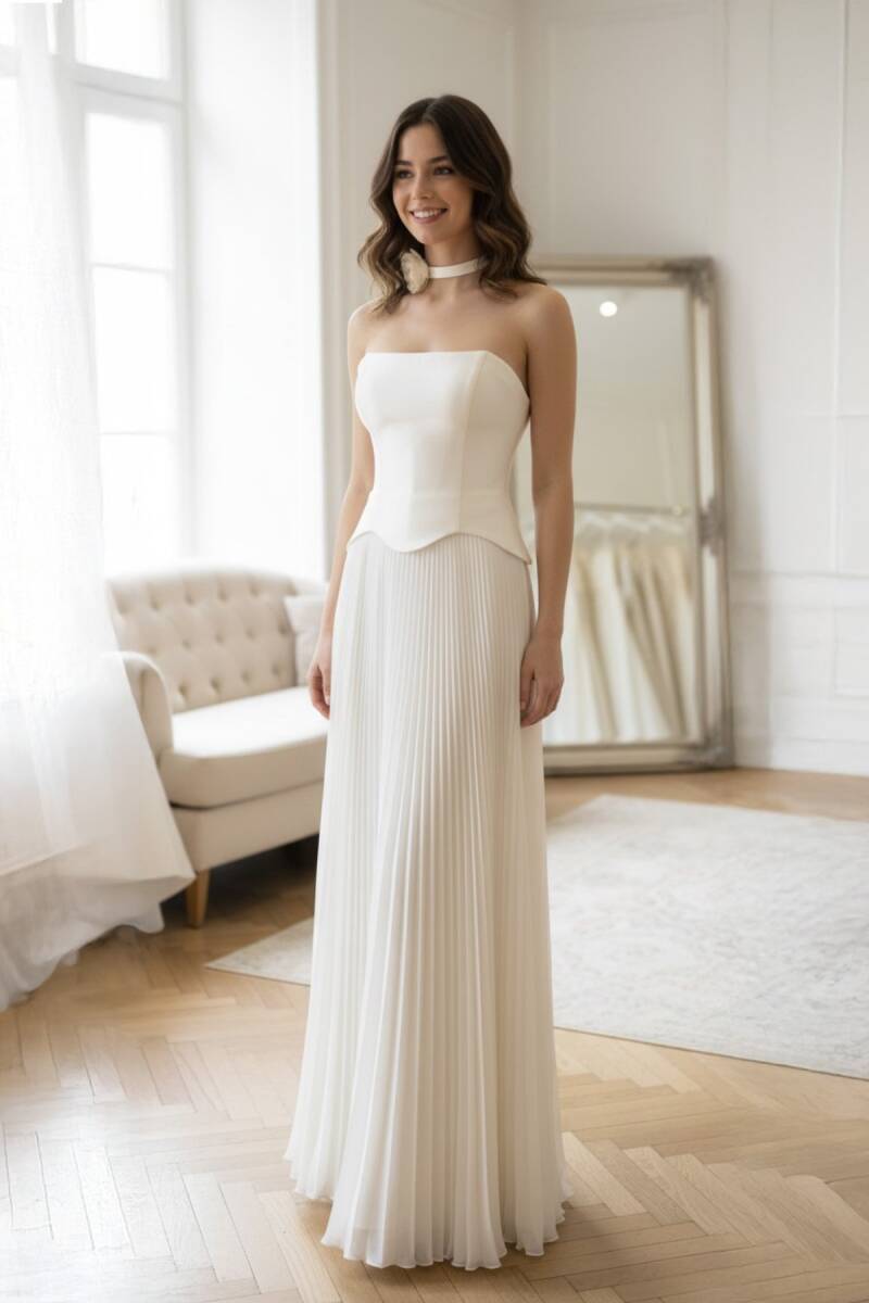 Ekru Straplez Eteği Plise Biritli Abiye Elbise 70 - 3