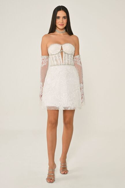Ekru Straplez Korsajlı İşlemeli Tak Çıkar Kol Mini Abiye Elbise 96 - ALFABETA