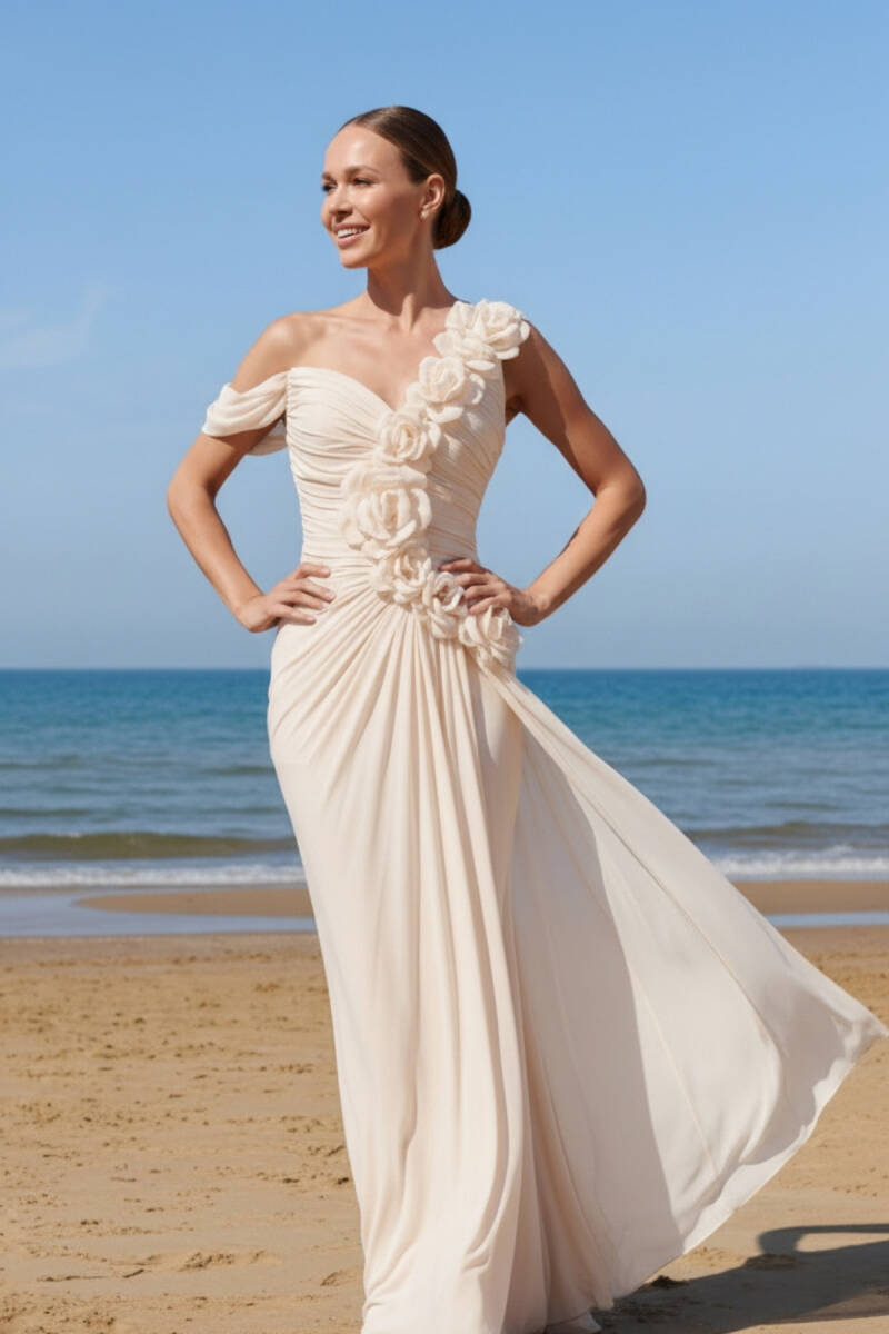 Ekru Tek Omuz Düşük Kol Drapeli Güllü Şifon Abiye Elbise 96 - 1