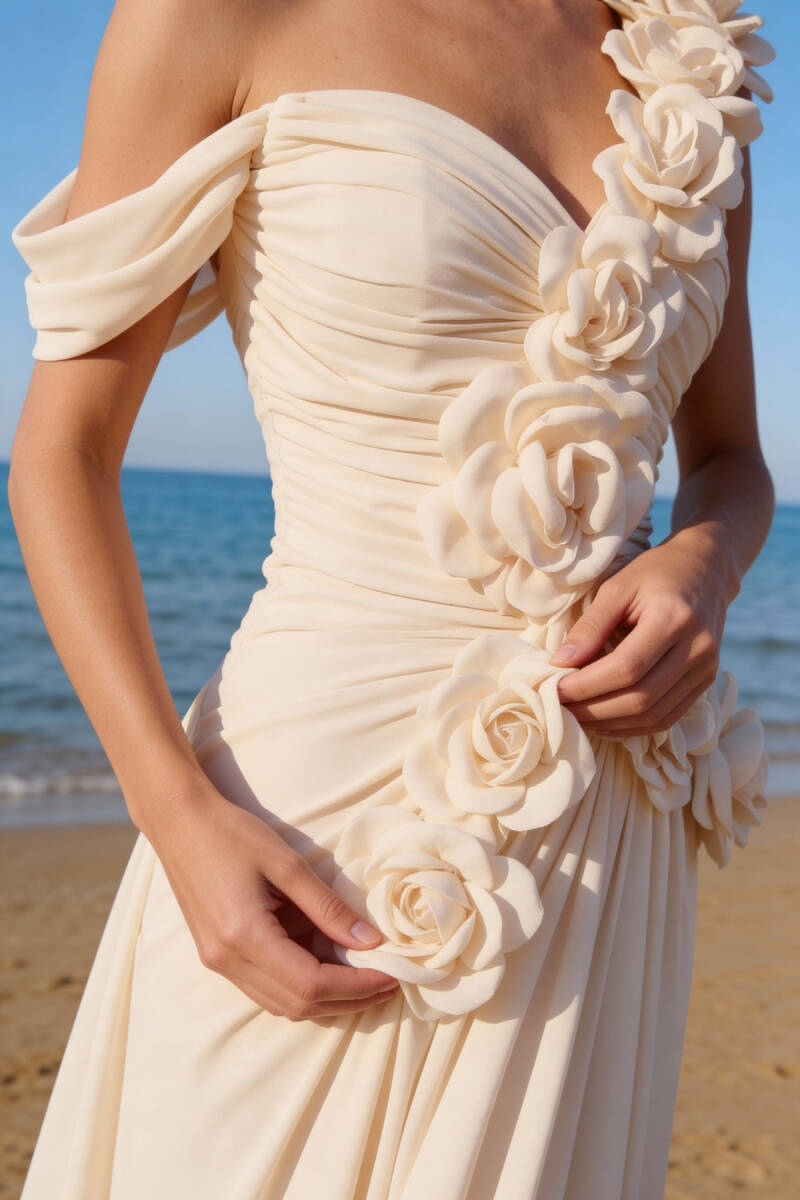 Ekru Tek Omuz Düşük Kol Drapeli Güllü Şifon Abiye Elbise 96 - 3