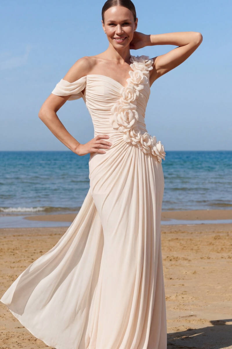 Ekru Tek Omuz Düşük Kol Drapeli Güllü Şifon Abiye Elbise 96 - 2