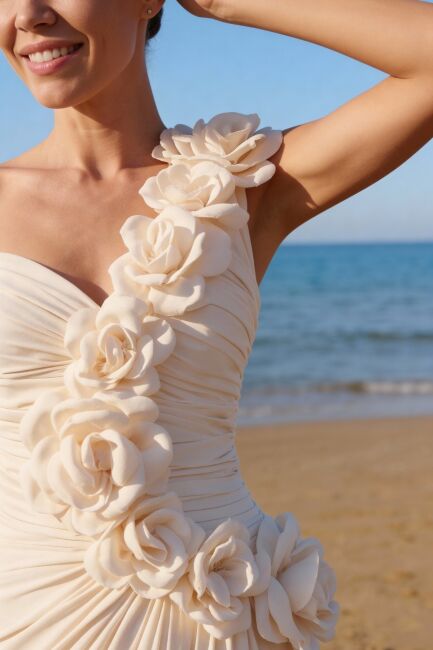 Ekru Tek Omuz Düşük Kol Drapeli Güllü Şifon Abiye Elbise 96 - 3