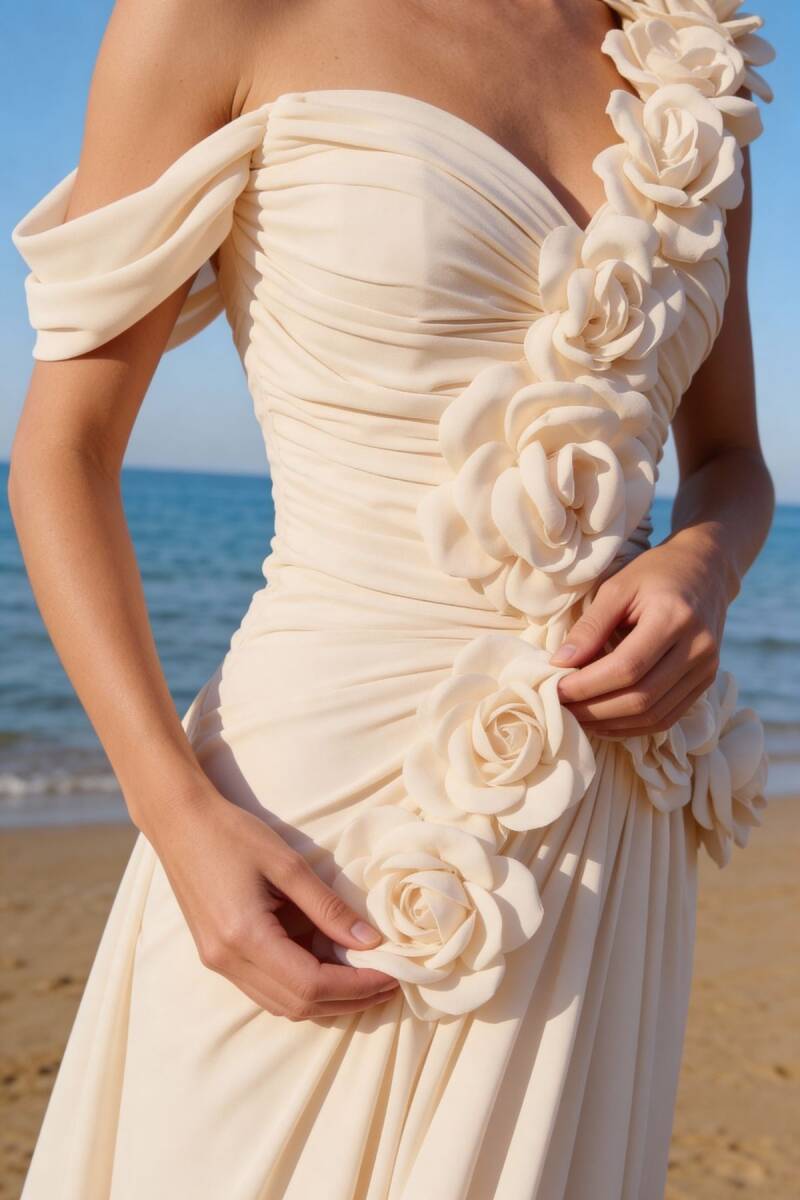 Ekru Tek Omuz Düşük Kol Drapeli Güllü Şifon Abiye Elbise 96 - 4