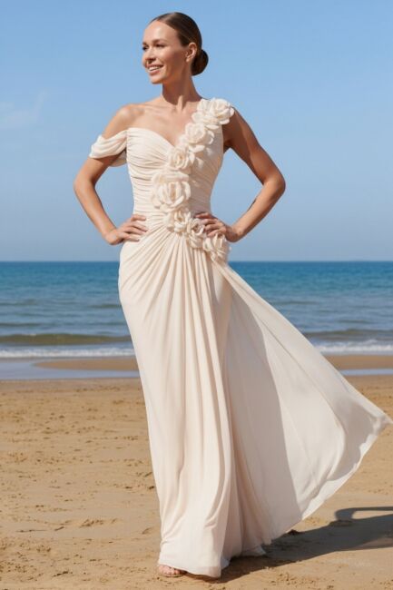 Ekru Tek Omuz Düşük Kol Drapeli Güllü Şifon Abiye Elbise 96 - 1