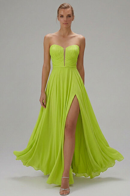 Elma Yeşili Straplez Göğüs Arası Dekolteli Tül Abiye Elbise 22 - ŞEREF VURAL