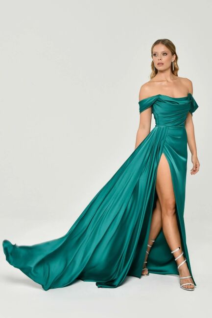 Emerald Strapless Degage Low Sleeve Sliping Evening Dress 