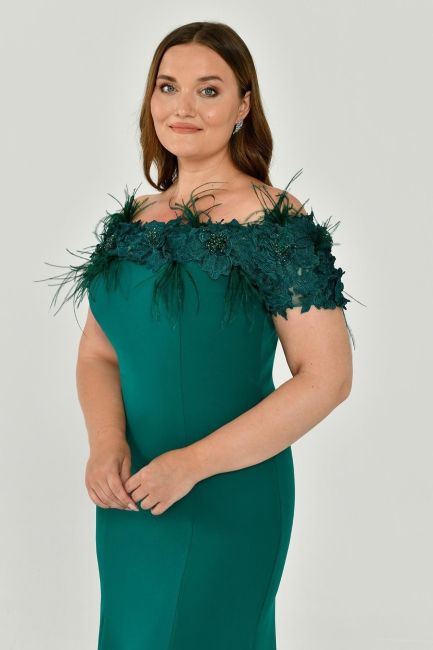 Emerald Boat Neck Rose Crepe Plus Size Evening Dress 59 - 4