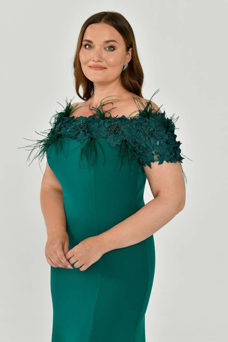 Emerald Boat Neck Rose Crepe Plus Size Evening Dress 59 - 4