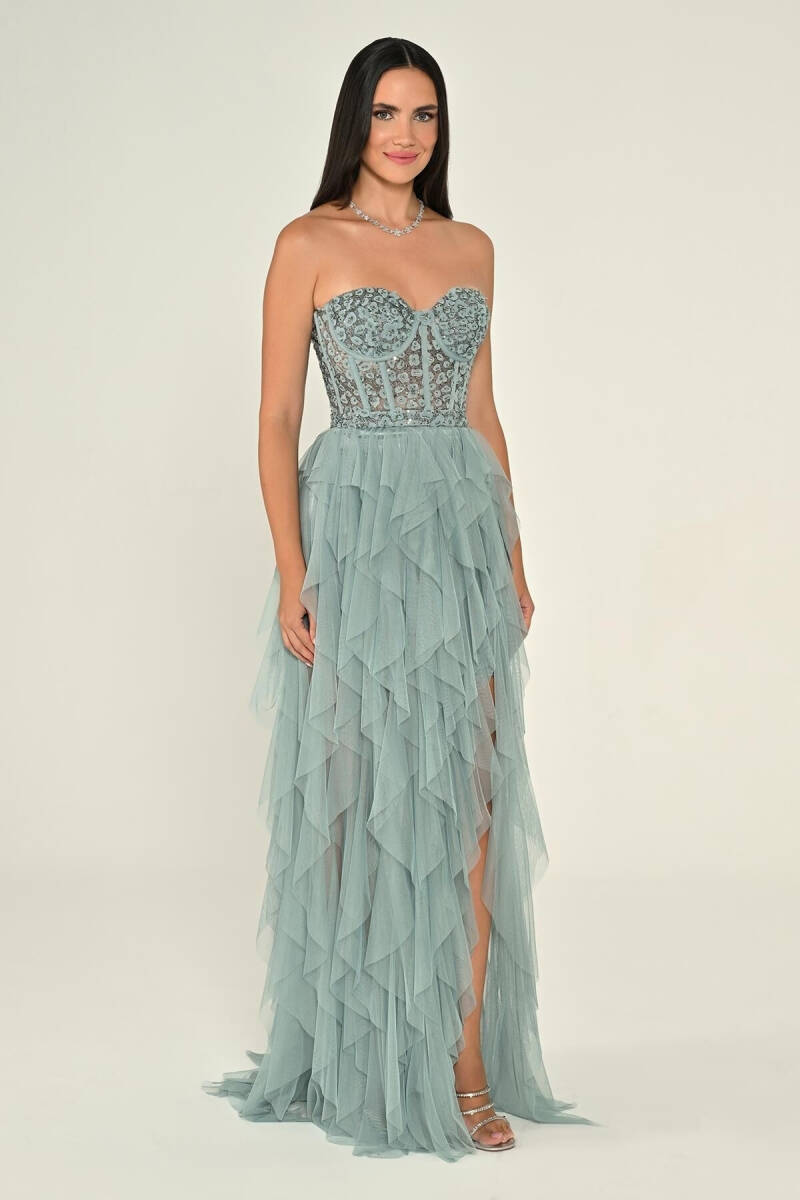 Firuze Straplez İşlemeli Büstiyerli Fırfırlı Tül Abiye Elbise 56 - 3