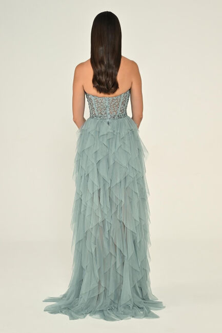 Firuze Straplez İşlemeli Büstiyerli Fırfırlı Tül Abiye Elbise 56 - 4