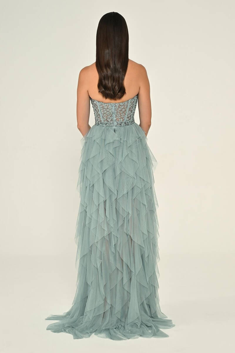 Firuze Straplez İşlemeli Büstiyerli Fırfırlı Tül Abiye Elbise 56 - 4