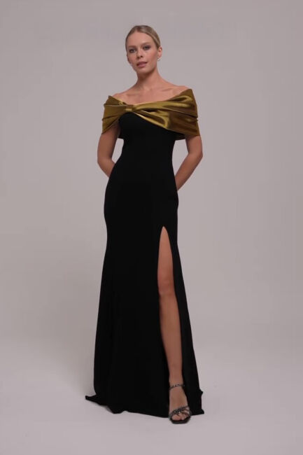 Gold Kayık Yaka Fiyonk Detaylı Yırtmaçlı Büyük Beden Abiye 01 - ŞEREF VURAL