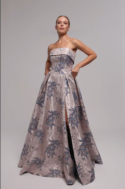 Gold Straplez Balenli Cepli Yırtmaçlı Brokar Uzun Abiye Elbise 91 - ŞEREF VURAL