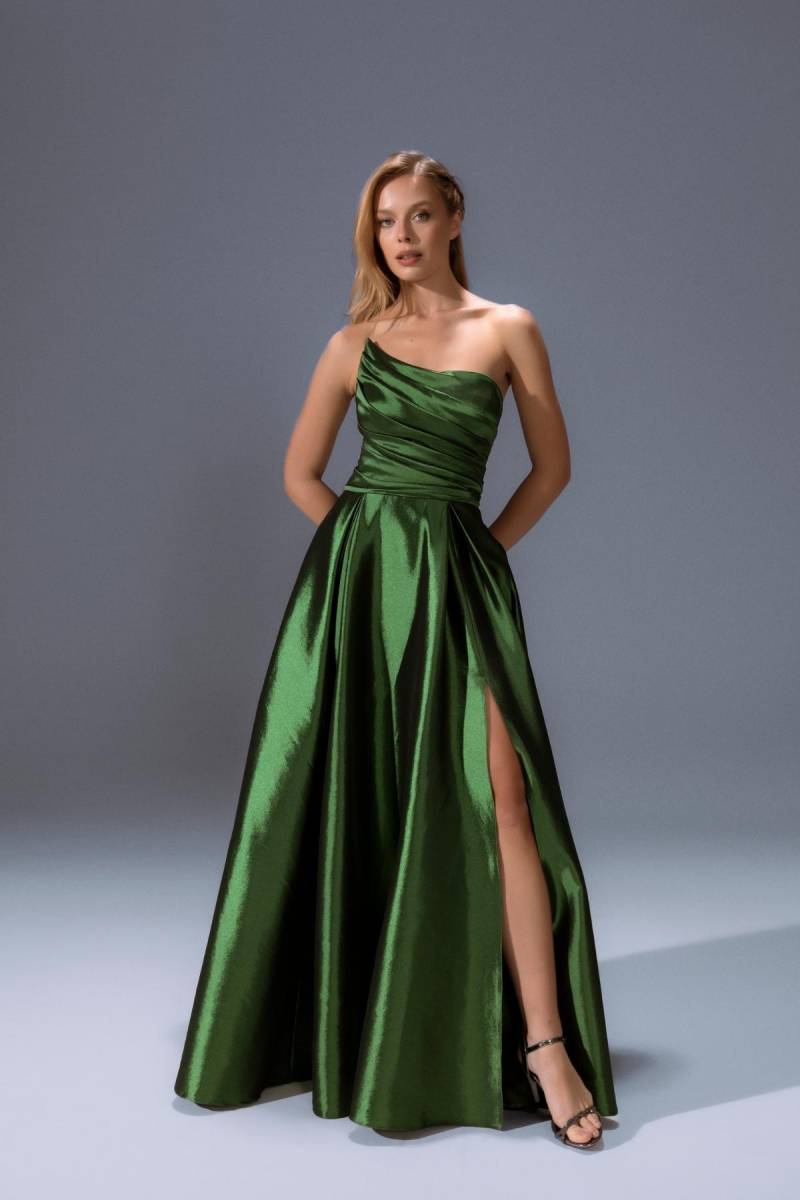 Green asymmetrical collar chest draped pocket taffeta evening dress 13 - 2