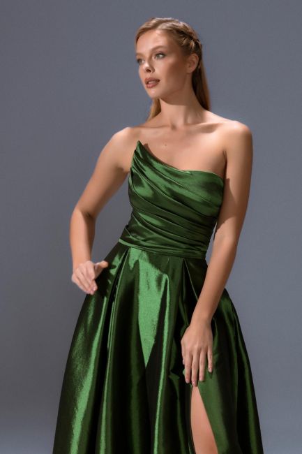 Green asymmetrical collar chest draped pocket taffeta evening dress 13 - 3