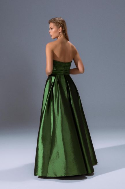 Green asymmetrical collar chest draped pocket taffeta evening dress 13 - 4