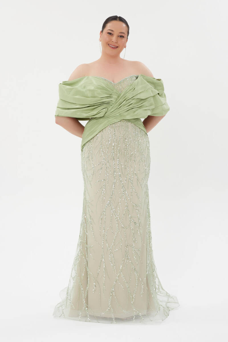 Green Madonna collar embroidered skin color imported evening dress 96 - 2