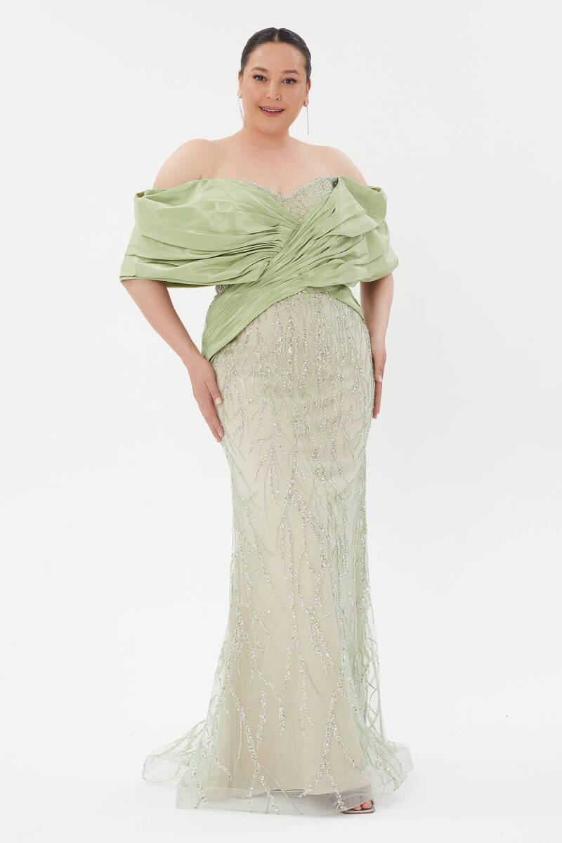 Green Madonna collar embroidered skin color imported evening dress 96 - 3