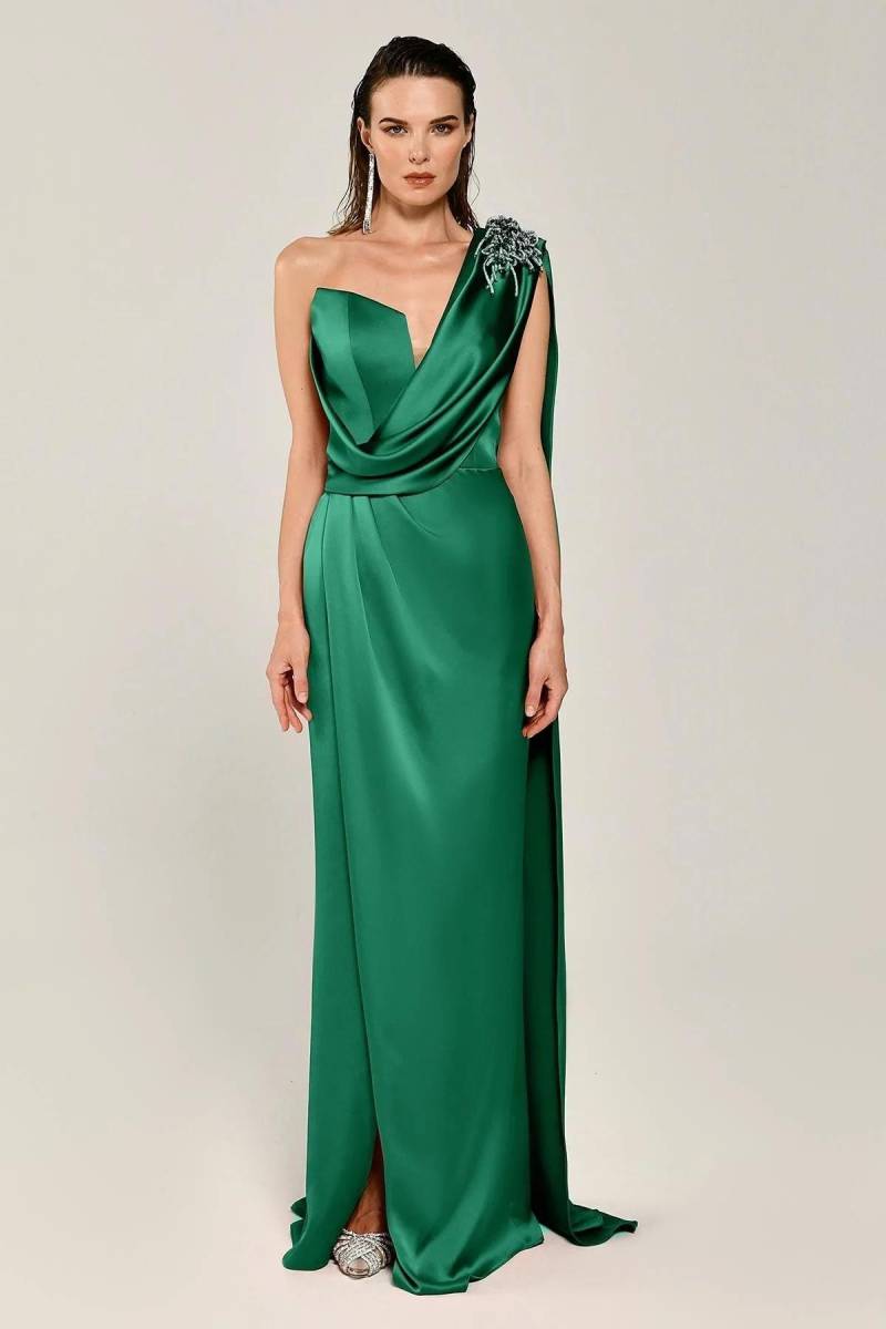 Green Single Shoulder Brooch Satin Evening Dress-17 - 1