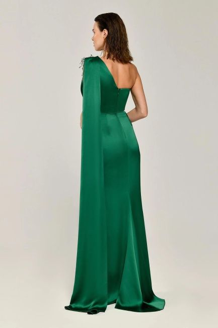 Green Single Shoulder Brooch Satin Evening Dress-17 - 4
