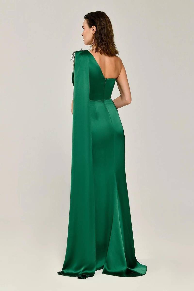 Green Single Shoulder Brooch Satin Evening Dress-17 - 4
