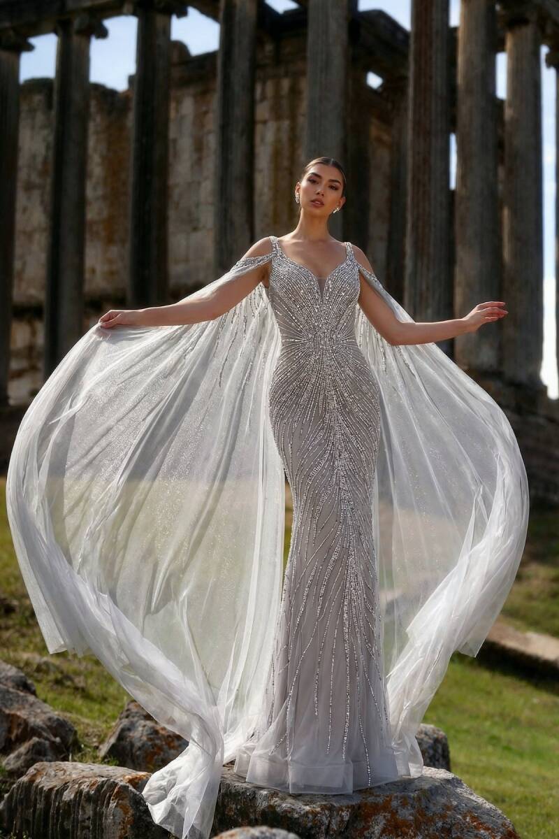 Gri Sivri Yaka Pelerin Kollu Taşlı İthal Büyük Beden Abiye Elbise 34 - 1