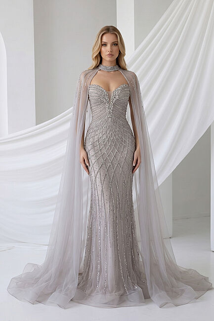 Gri Straplez Pelerinli Taşlı Balık Abiye Elbise 33 - DRESSİNG ROOM