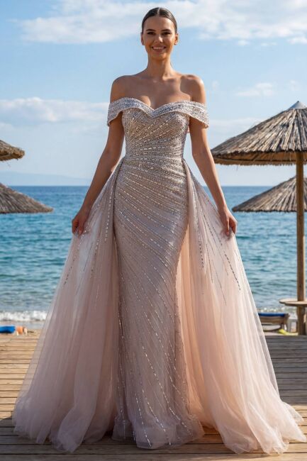 Gül Kurusu Madonna Yaka Pelerin Kuyruklu İthal Abiye Elbise 06 - 1