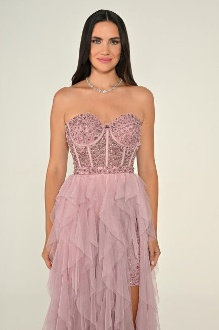 Gül Kurusu Straplez İşlemeli Büstiyerli Fırfırlı Tül Abiye Elbise 56 - 2