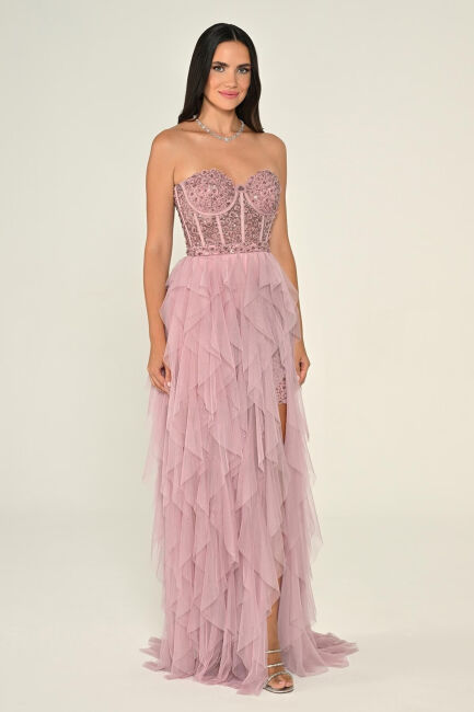 Gül Kurusu Straplez İşlemeli Büstiyerli Fırfırlı Tül Abiye Elbise 56 - 3