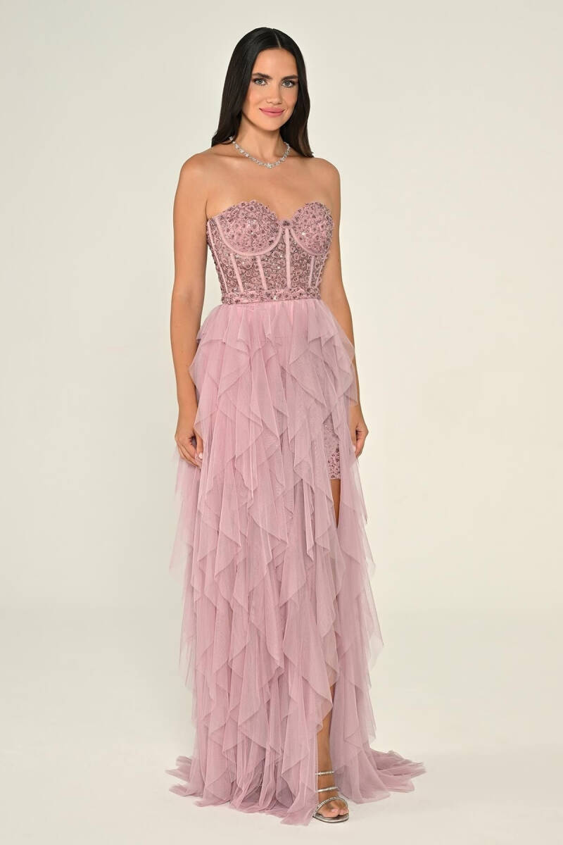 Gül Kurusu Straplez İşlemeli Büstiyerli Fırfırlı Tül Abiye Elbise 56 - 3