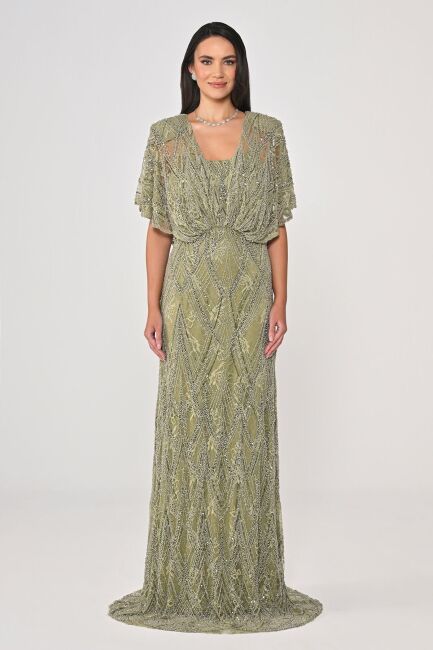 Haki Şal Kol Boncuklu Payetli Büyük Beden Abiye 48 - ALFABETA