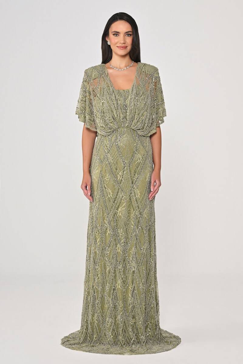 Haki Şal Kol Boncuklu Payetli Büyük Beden Abiye 48 - 1