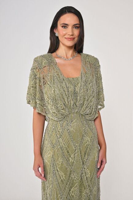 Haki Şal Kol Boncuklu Payetli Büyük Beden Abiye 48 - 2