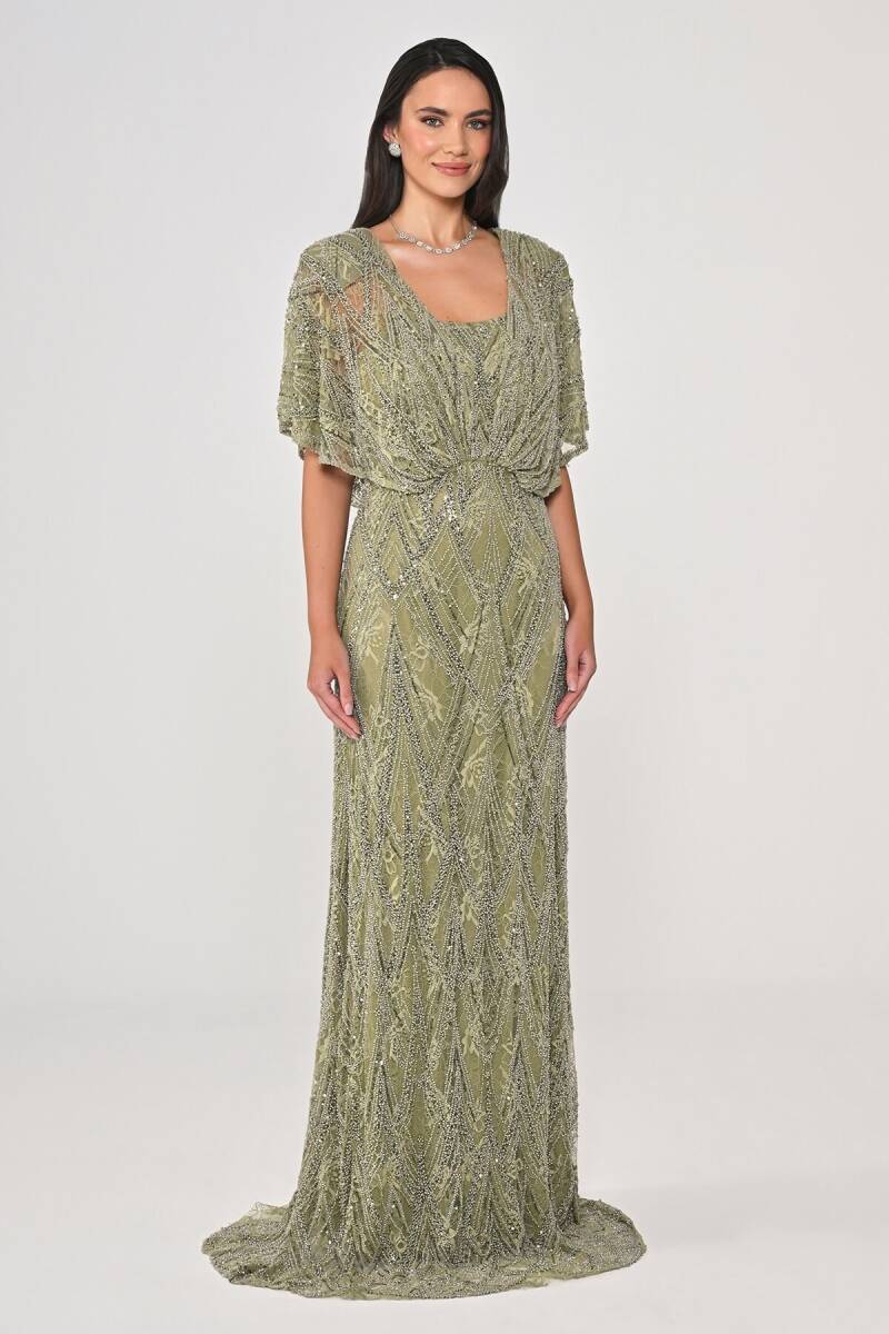 Haki Şal Kol Boncuklu Payetli Büyük Beden Abiye 48 - 3