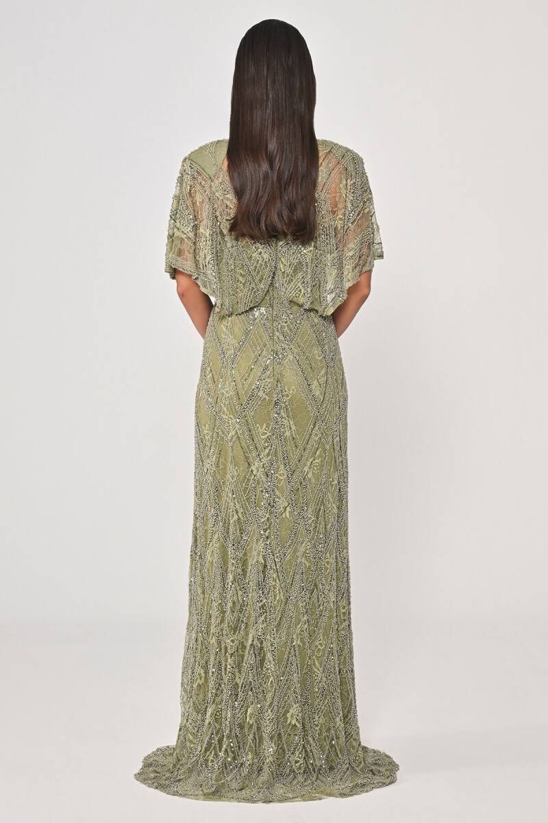 Haki Şal Kol Boncuklu Payetli Büyük Beden Abiye 48 - 4