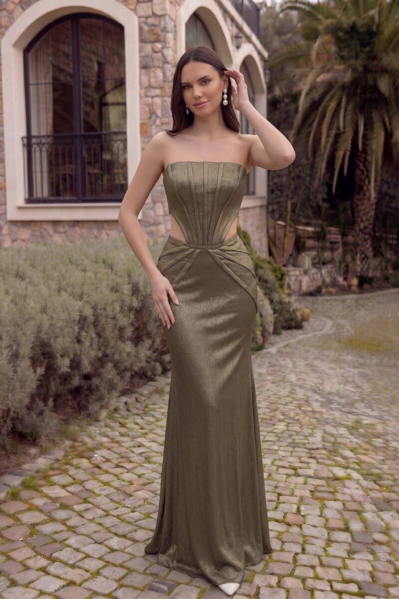 Haki Straplez Korsajlı Bel Dekolteli Parlak Kumaş Abiye Elbise 12 - 2