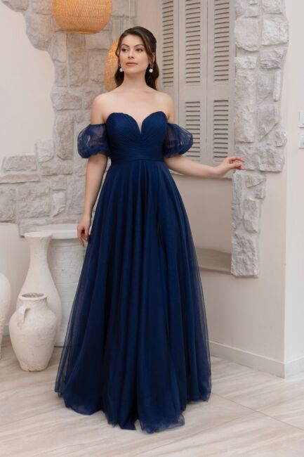 İndigo Straplez Göğsü Drapeli Balon Kol Yırtmaçlı Abiye Elbise 97 - Şeref Vural