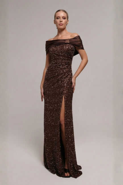 Kahve Saten Fiyonk Yakalı Drapeli Yırtmaçlı Simli Büyük Beden Abiye 95 - 2