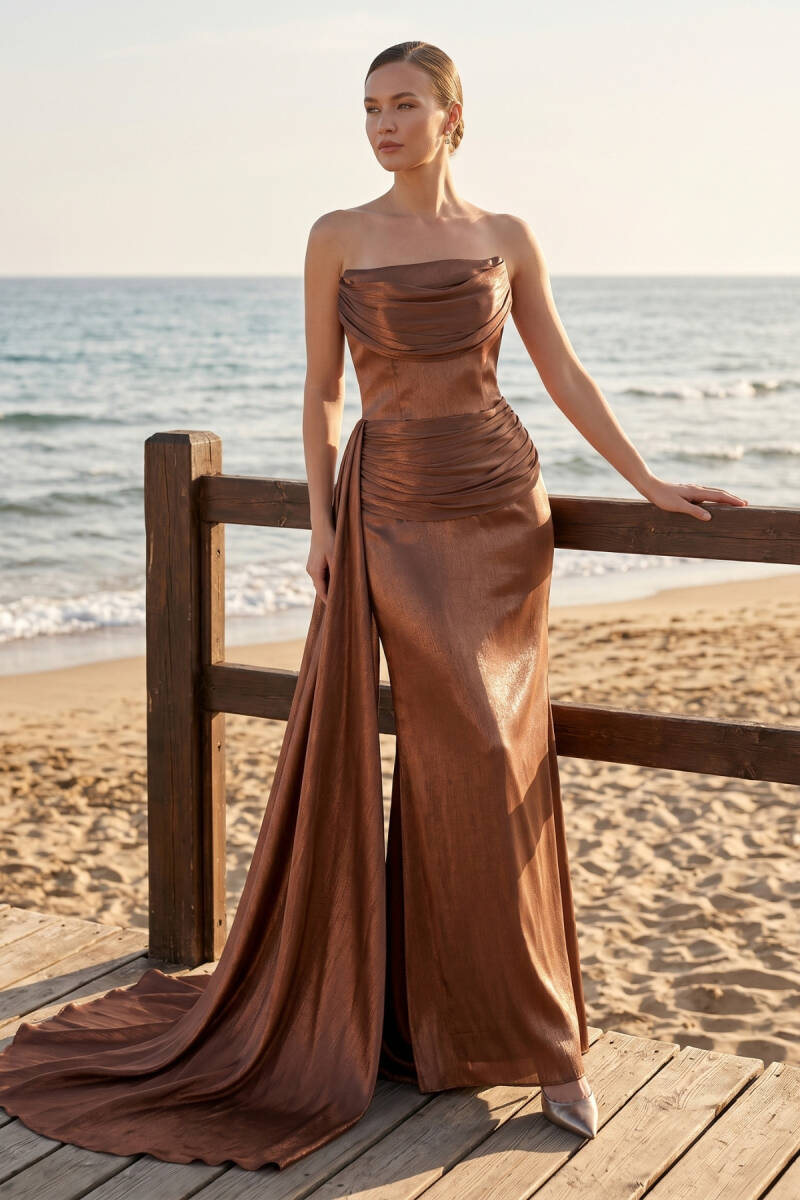 Kahve Sivri Yaka Drapeli Yan Kuyruklu Abiye Elbise 24 - 1