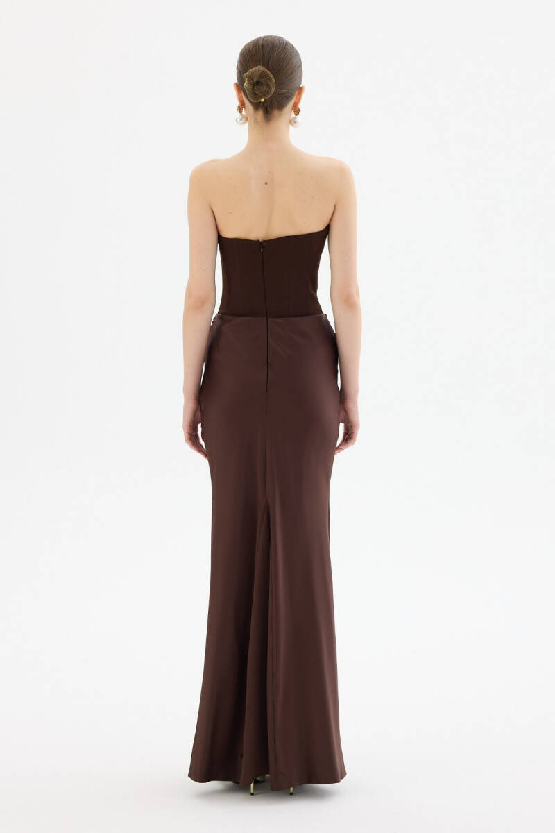 Kahve Sivri Yaka Zincir Kemerli Abiye Elbise 02 - 3